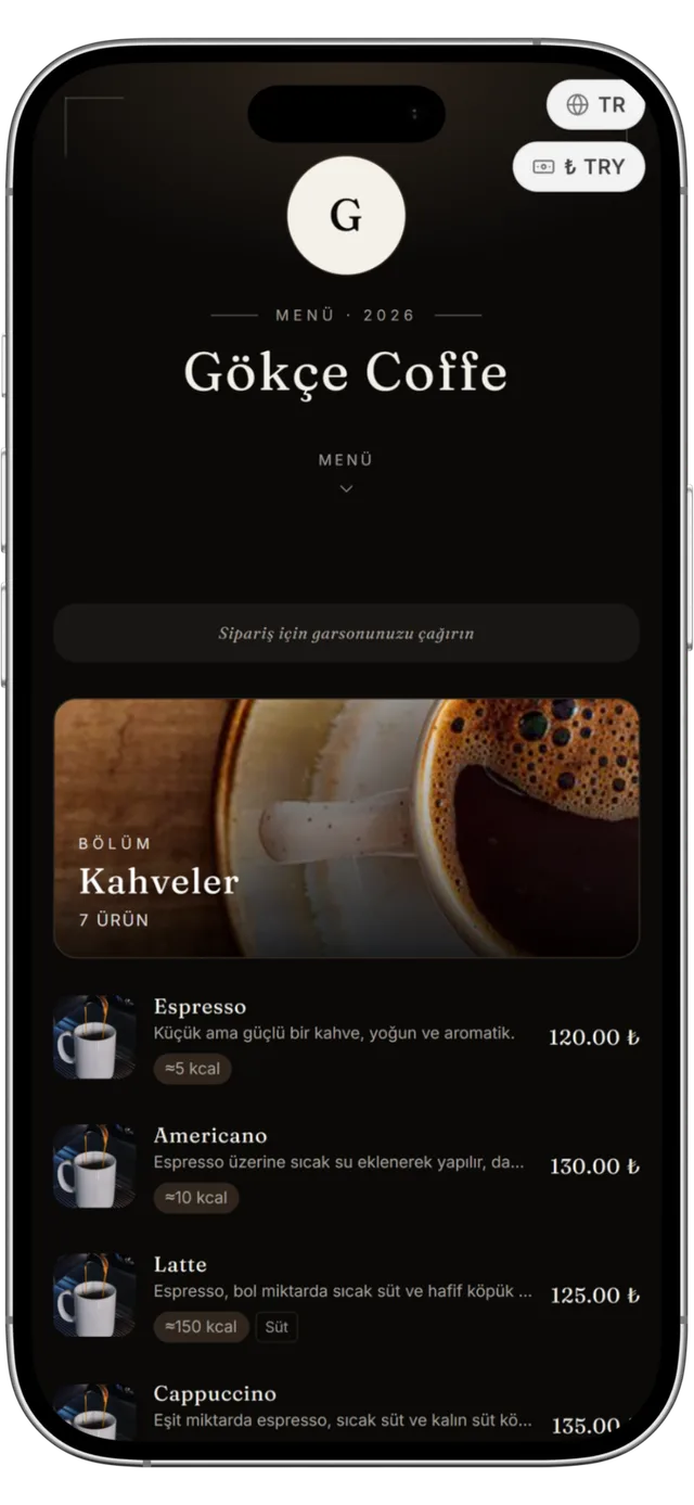 QR menü — Dark Lounge teması