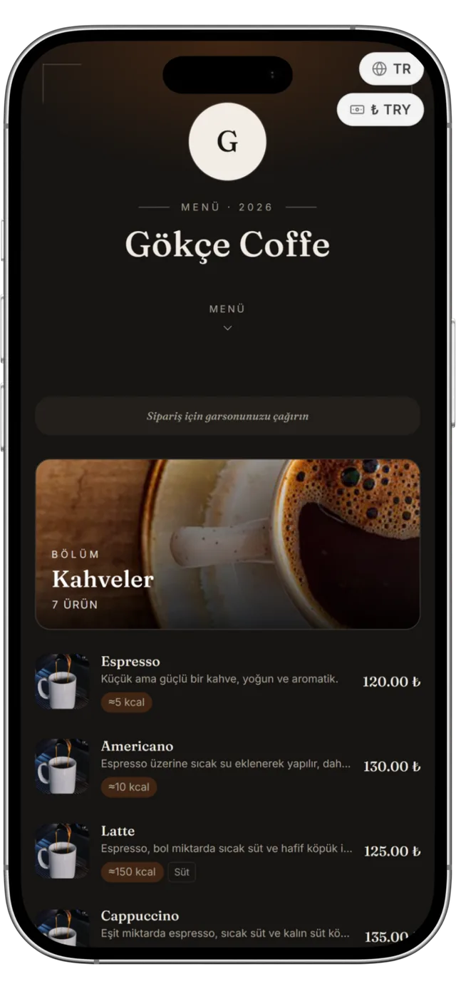 QR menü — Lounge Noir teması