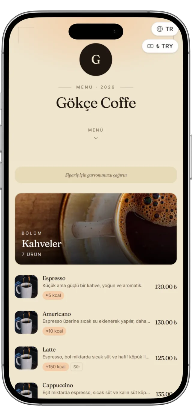 QR menü — Refined Editorial teması