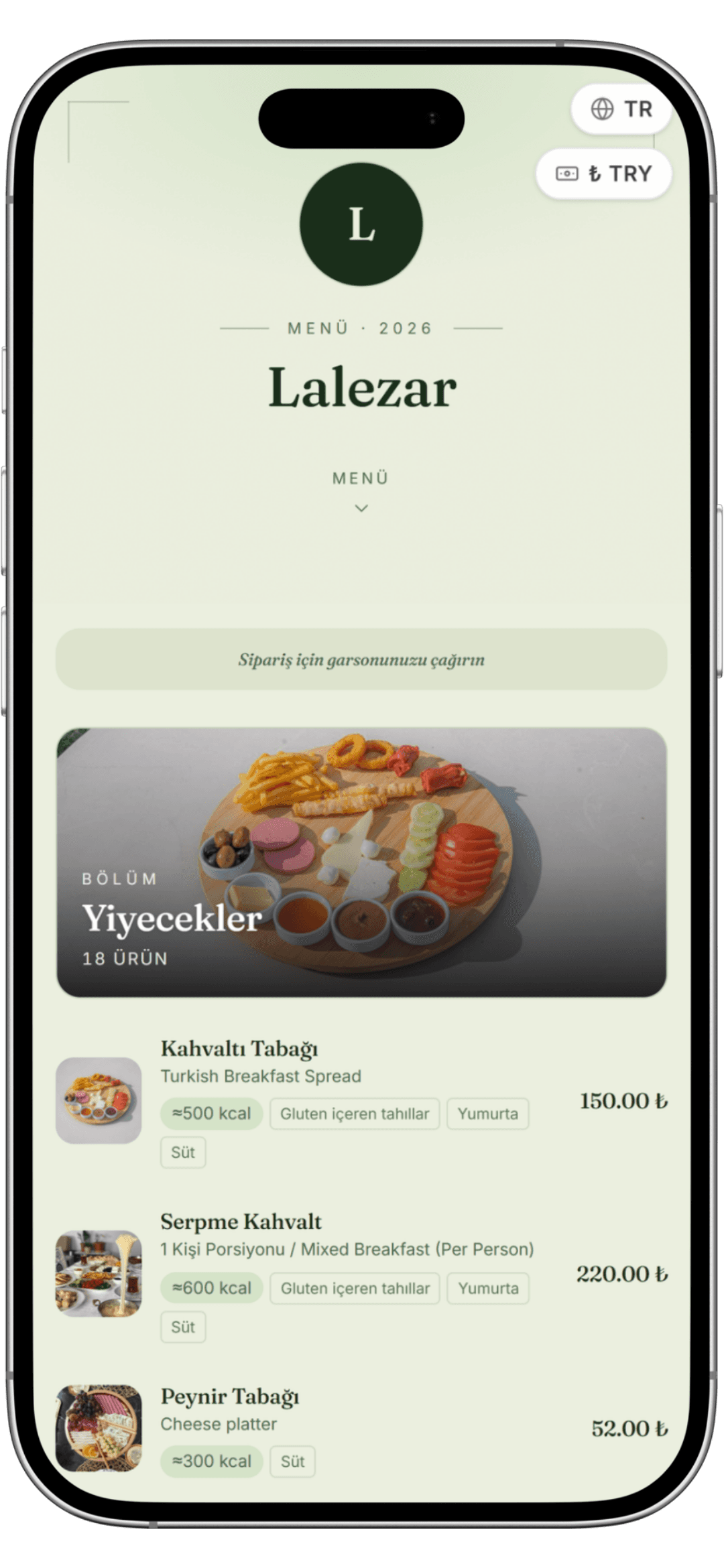 Masappx QR menü — beş dilde, kalori ve alerjen bilgili müşteri görünümü